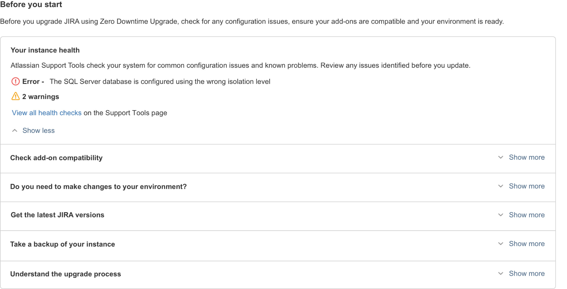 Jira 'Before you start' pre-upgrade readiness page showing instance health with an SQL Server isolation-level error and warnings, plus collapsed sections for checking add-on compatibility, environment changes, version downloads, backup, and the upgrade process.