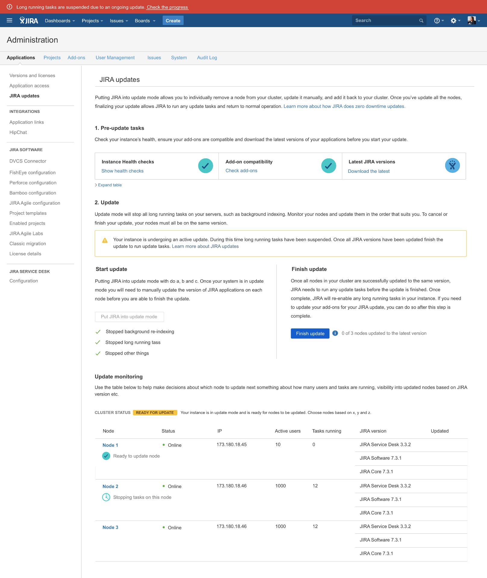 Jira Data Center 'JIRA updates' administration page showing the active update in progress: a suspended long-running-tasks banner, a disabled 'Put JIRA into update mode' button, a 'Finish update' button, and a three-node cluster monitoring table labelled 'READY FOR UPDATE' with node status, JIRA versions, and progress.