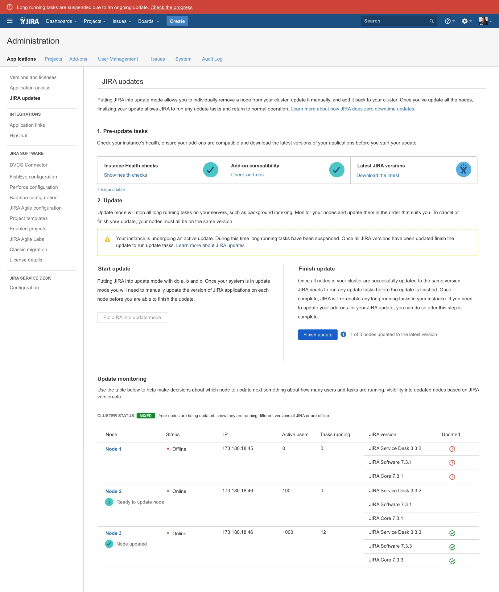 Jira Data Center 'JIRA updates' administration page during an active upgrade: a red suspended-tasks banner, a warning box stating the instance is undergoing an active update, a disabled 'Put JIRA into update mode' button, an active 'Finish update' button with '1 of 3 nodes updated', and a cluster monitoring table with MIXED status showing Node 1 offline, Node 2 ready to update, and Node 3 updated to a newer version.