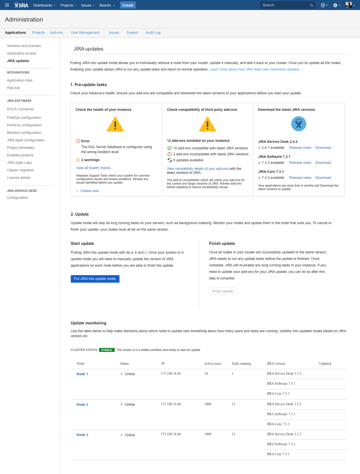 Jira Data Center 'JIRA updates' administration screen showing pre-update health checks, third-party add-on compatibility, the 'Put JIRA into update mode' control, and live cluster status monitoring.