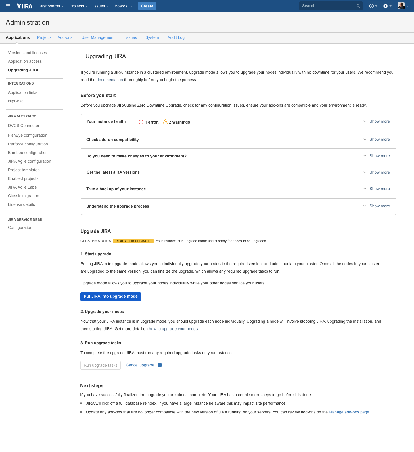 Later Jira Data Center 'Upgrading JIRA' page: a structured 'Before you start' section organized as six stacked, collapsible accordion panels — instance health (with a visible error and two warnings), add-on compatibility, environment changes, latest Jira versions, backup, and upgrade-process understanding — separated from numbered upgrade execution steps, with the cluster marked 'READY FOR UPGRADE'.