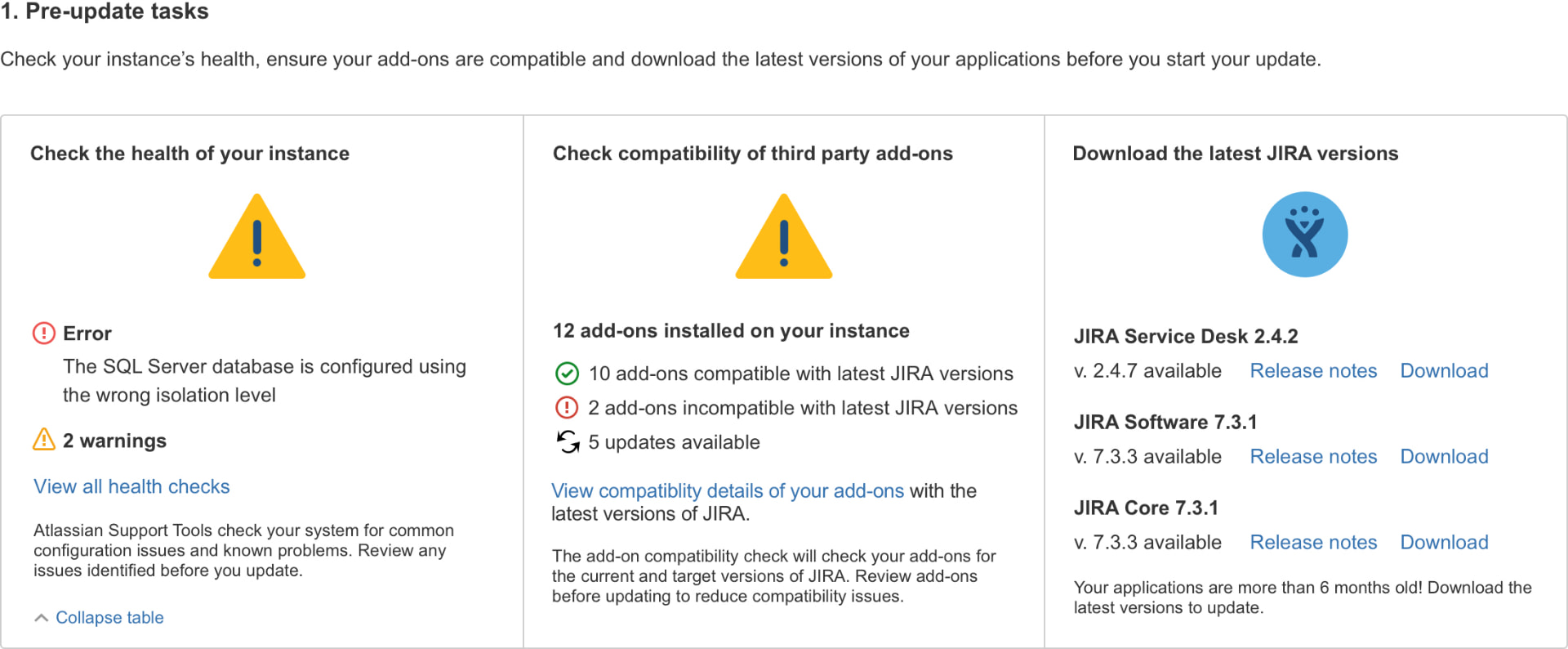 Enlarged detail of the pre-update tasks panel: three cards covering instance health with one error and two warnings, third-party add-on compatibility with 12 add-ons installed, and downloads for the latest JIRA versions.