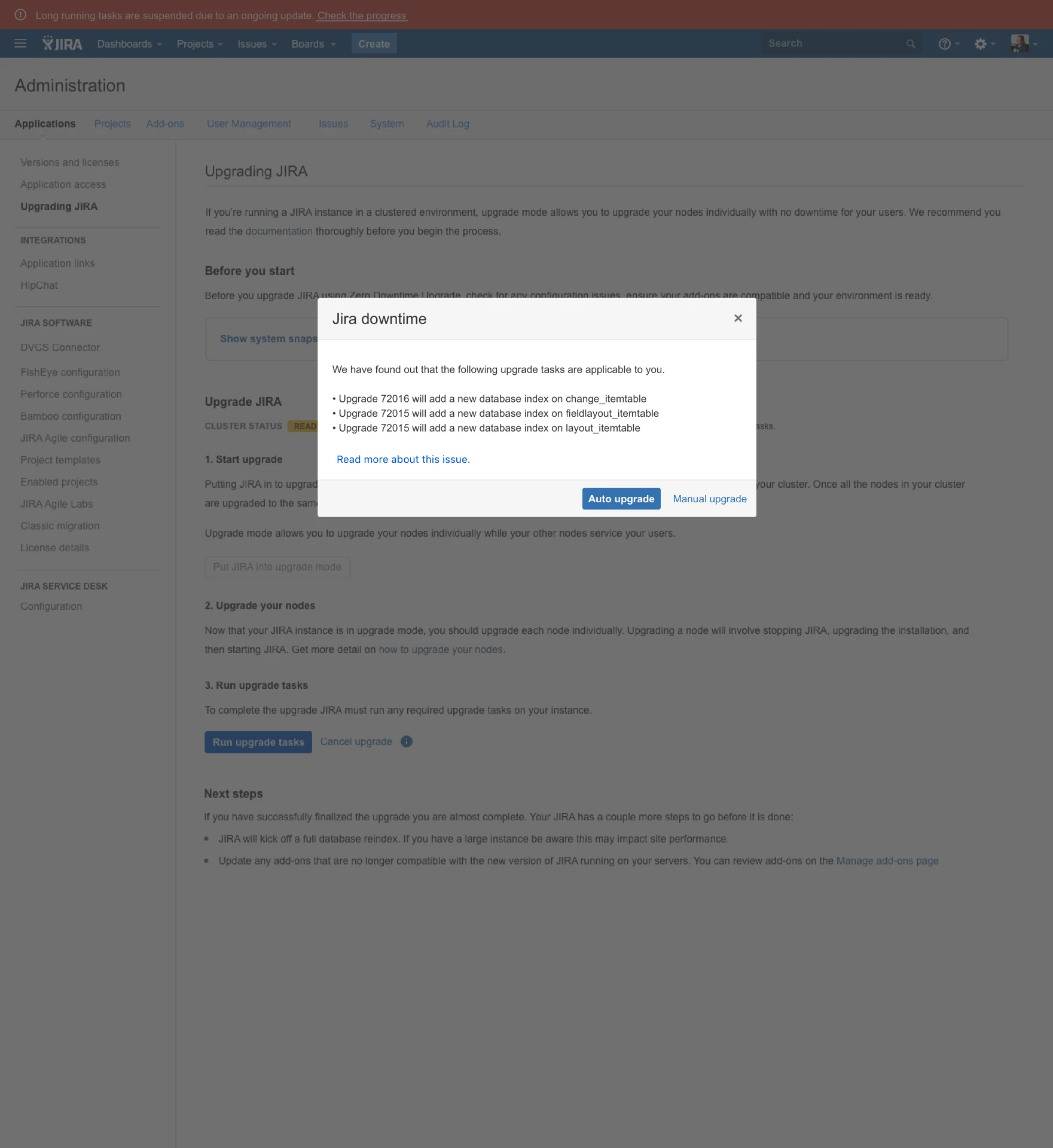 Jira 'Jira downtime' modal listing database-index upgrade tasks that require downtime, with a choice between Auto upgrade and Manual upgrade.