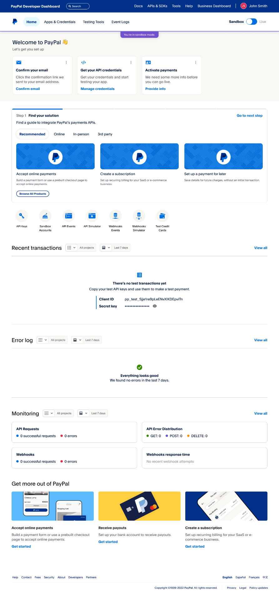 After redesign — Landing → Dashboard. The old apps & credentials page asked developers to read marketing copy before getting to keys. The redesign opens with a personalised welcome, recent transactions, error logs and monitoring — the four things developers actually return for.