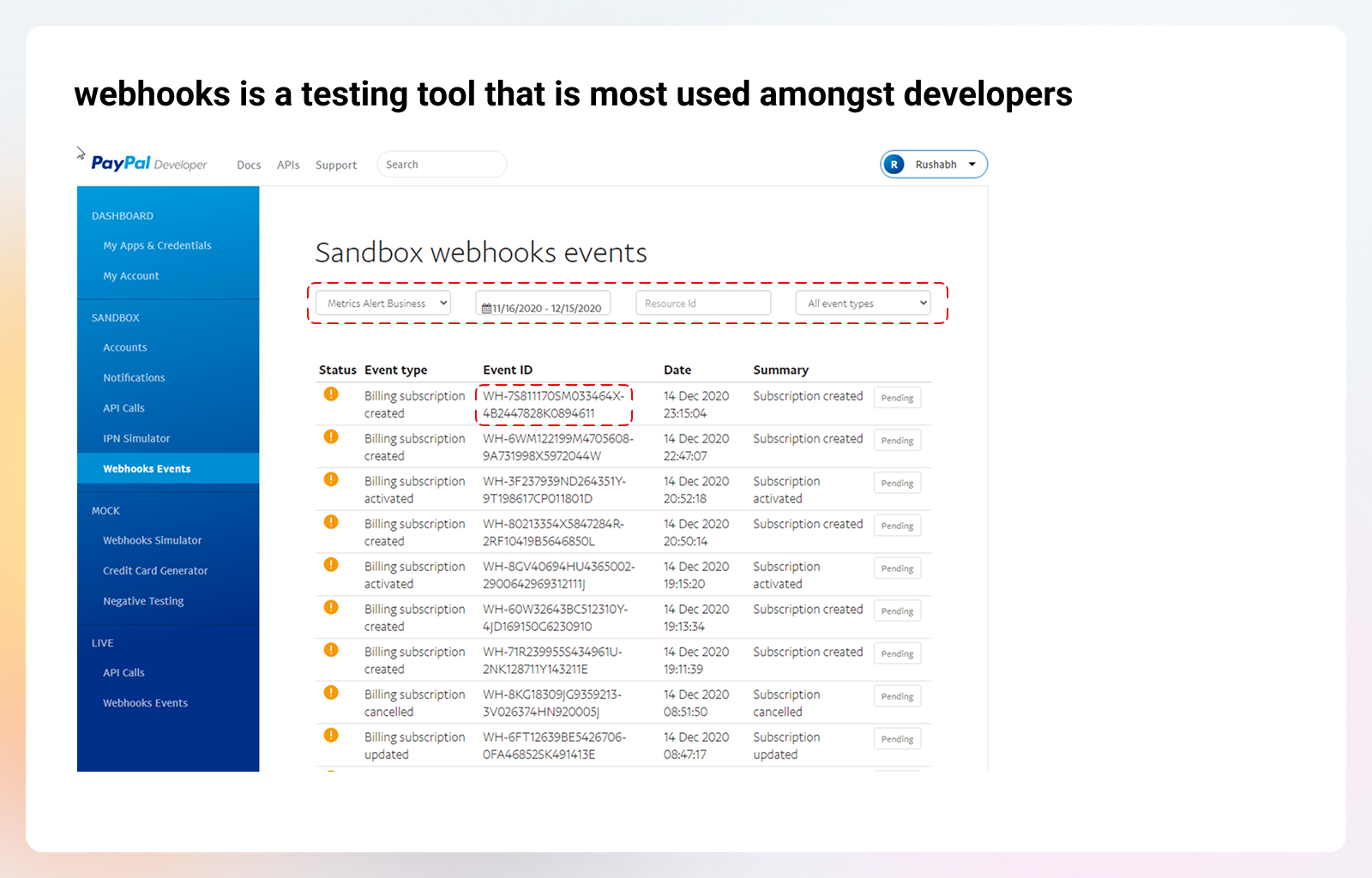 Before redesign — Webhooks events, before & after. The legacy table buried failures inside dense sidebar navigation. The new design surfaces status, response time and a resend action in one row — 37% more developers used the tool within a quarter.