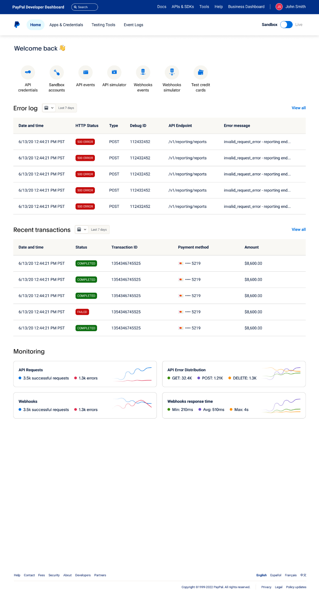 After redesign — Webhooks events, before & after. The legacy table buried failures inside dense sidebar navigation. The new design surfaces status, response time and a resend action in one row — 37% more developers used the tool within a quarter.