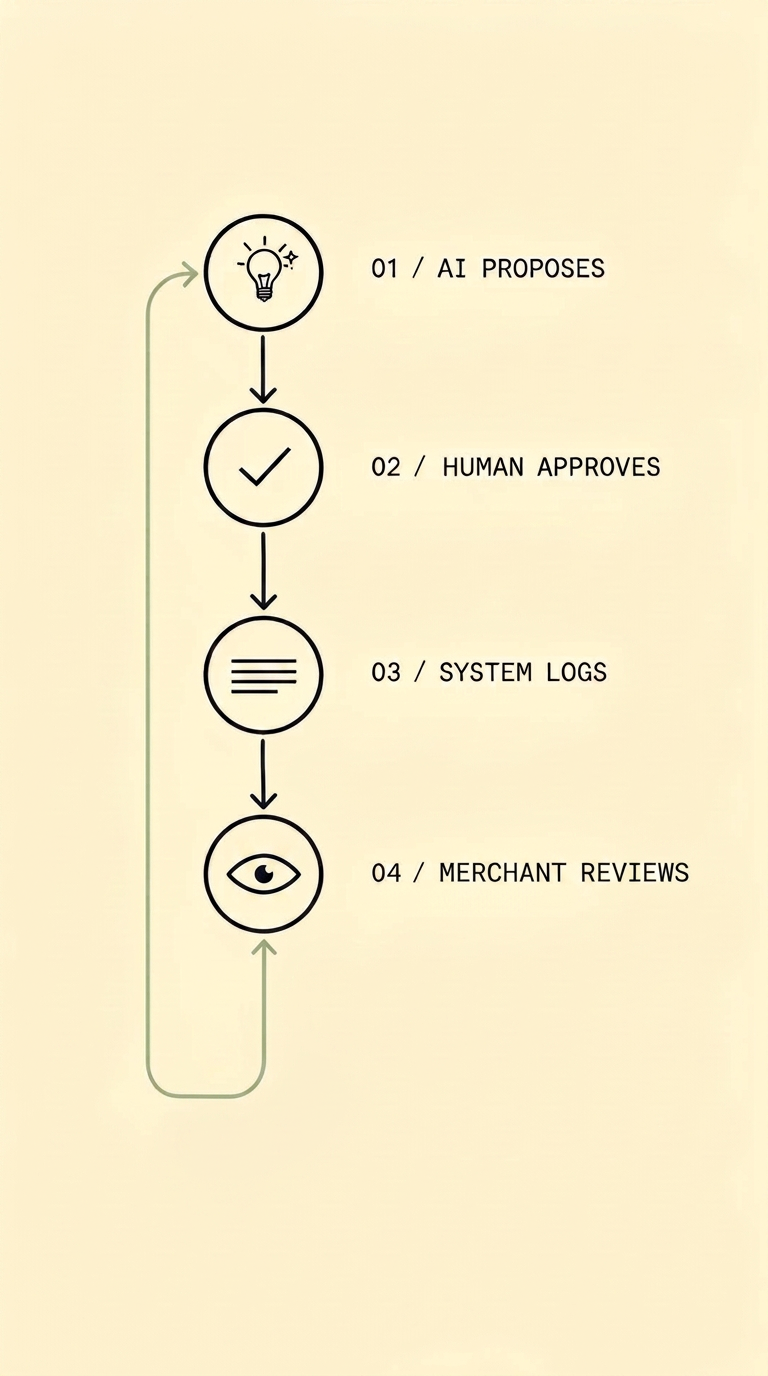Trust ledger — AI proposes, human approves, system logs, merchant reviews