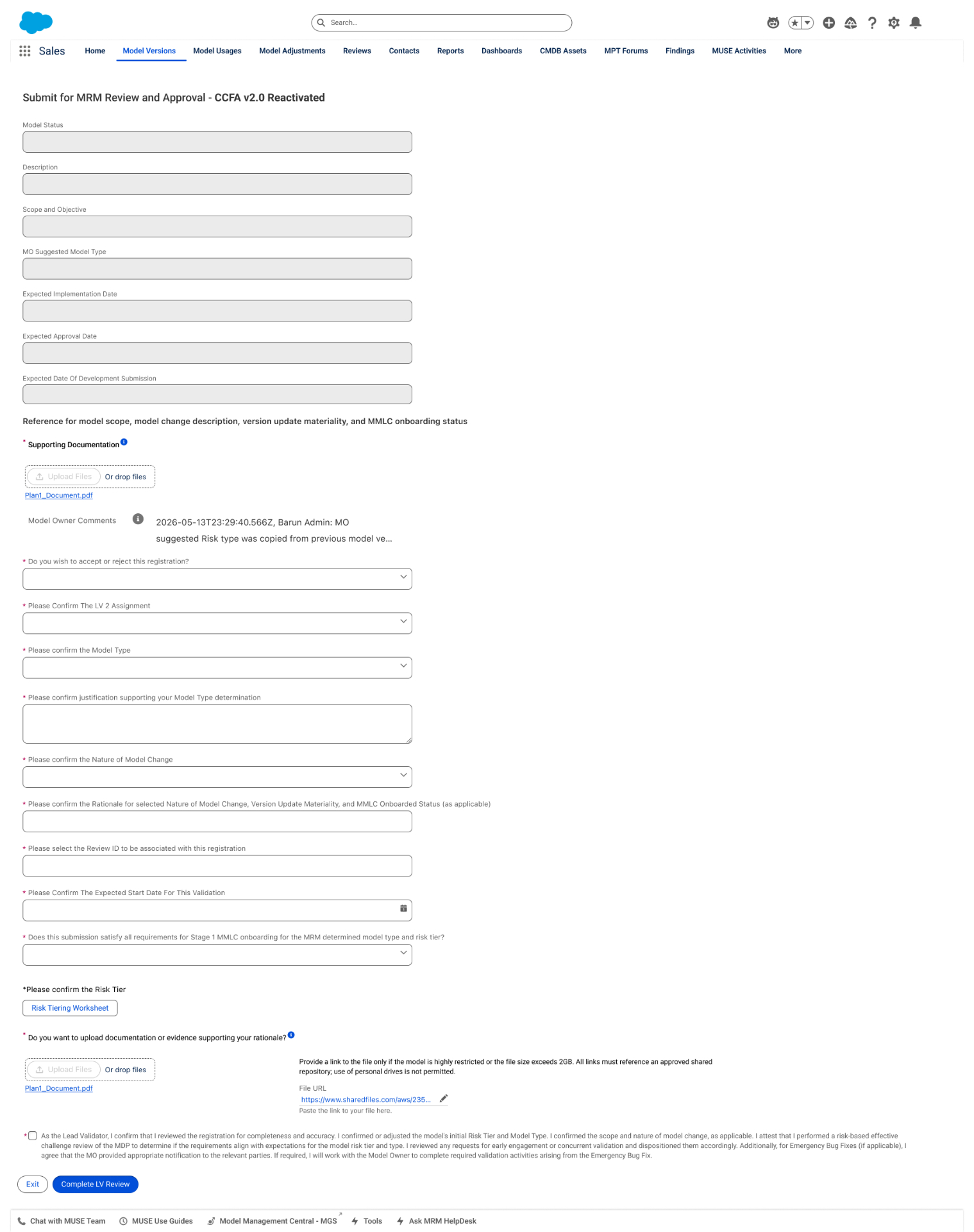 Submit for MRM Review & Approval — Lead Validator attestation