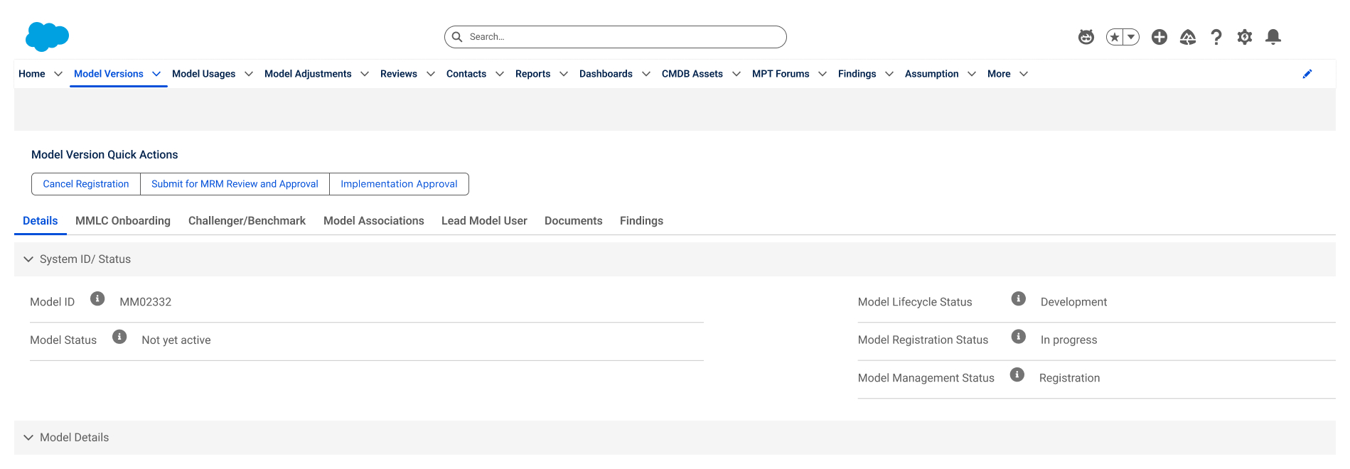 Quick actions — Submit for MRM Review, Implementation Approval