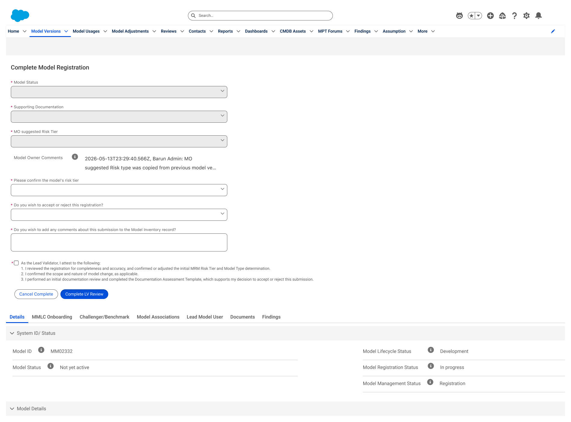 Complete Model Registration — accept/reject decision