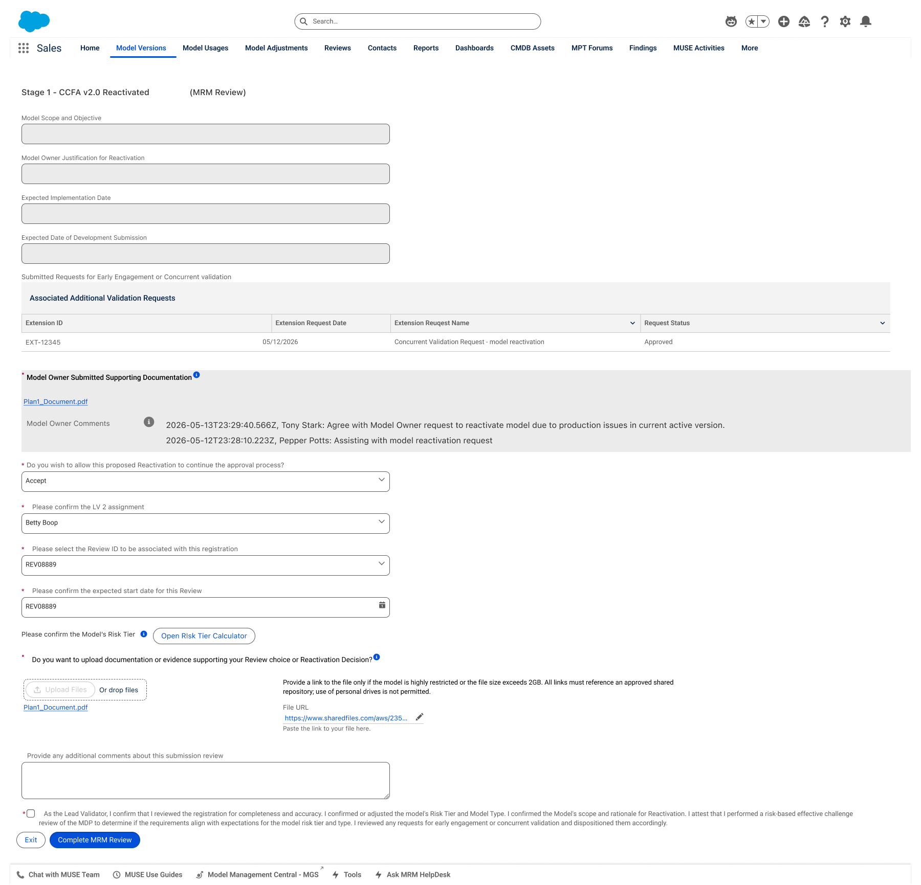 Stage 1 — MRM review with LV 2 assignment & Risk Tier
