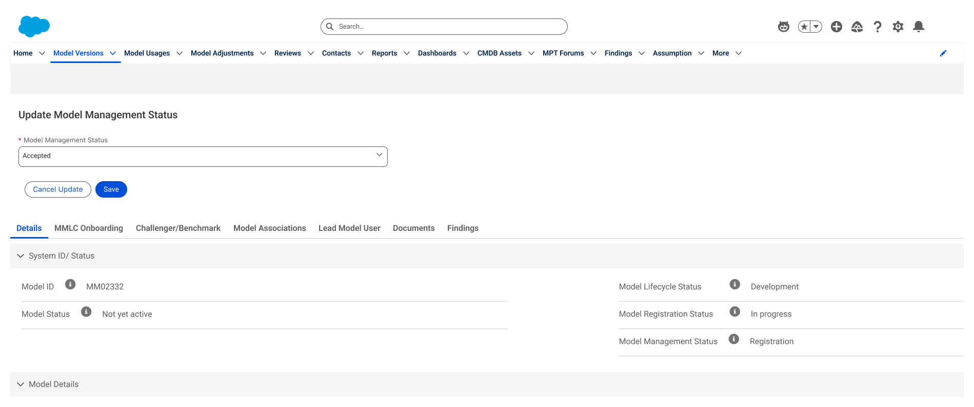 Update Model Management Status — set to Accepted