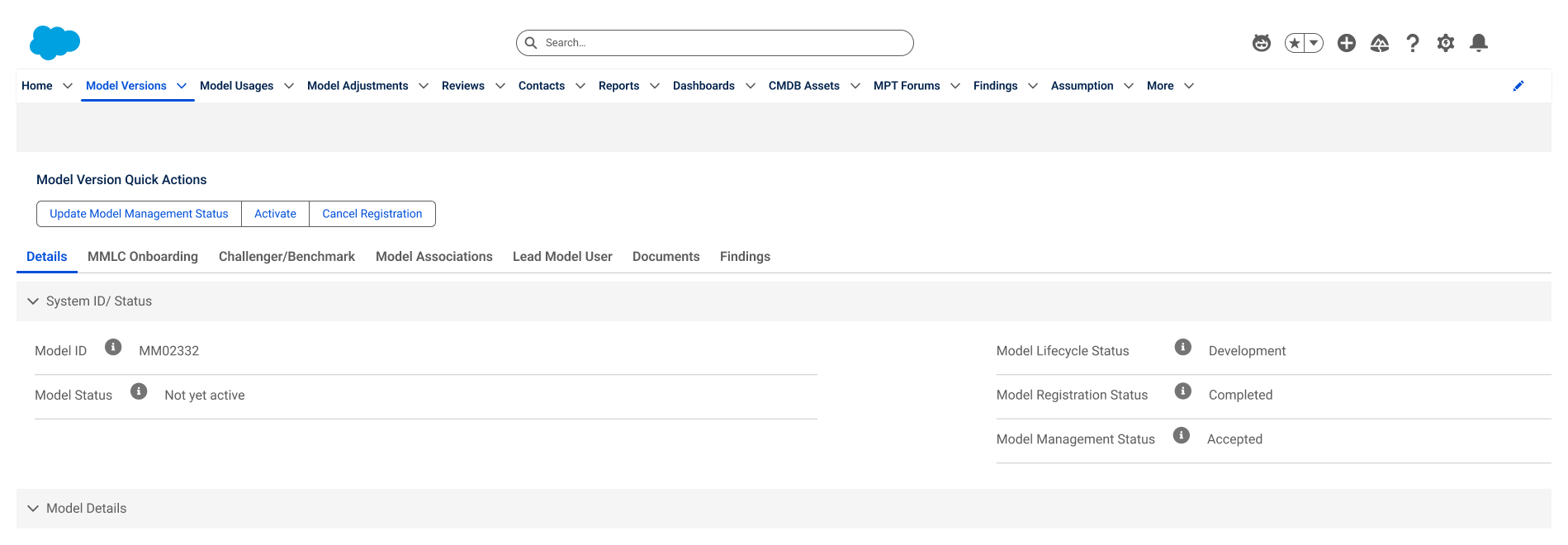 Quick actions — Update Management Status, Activate, Cancel