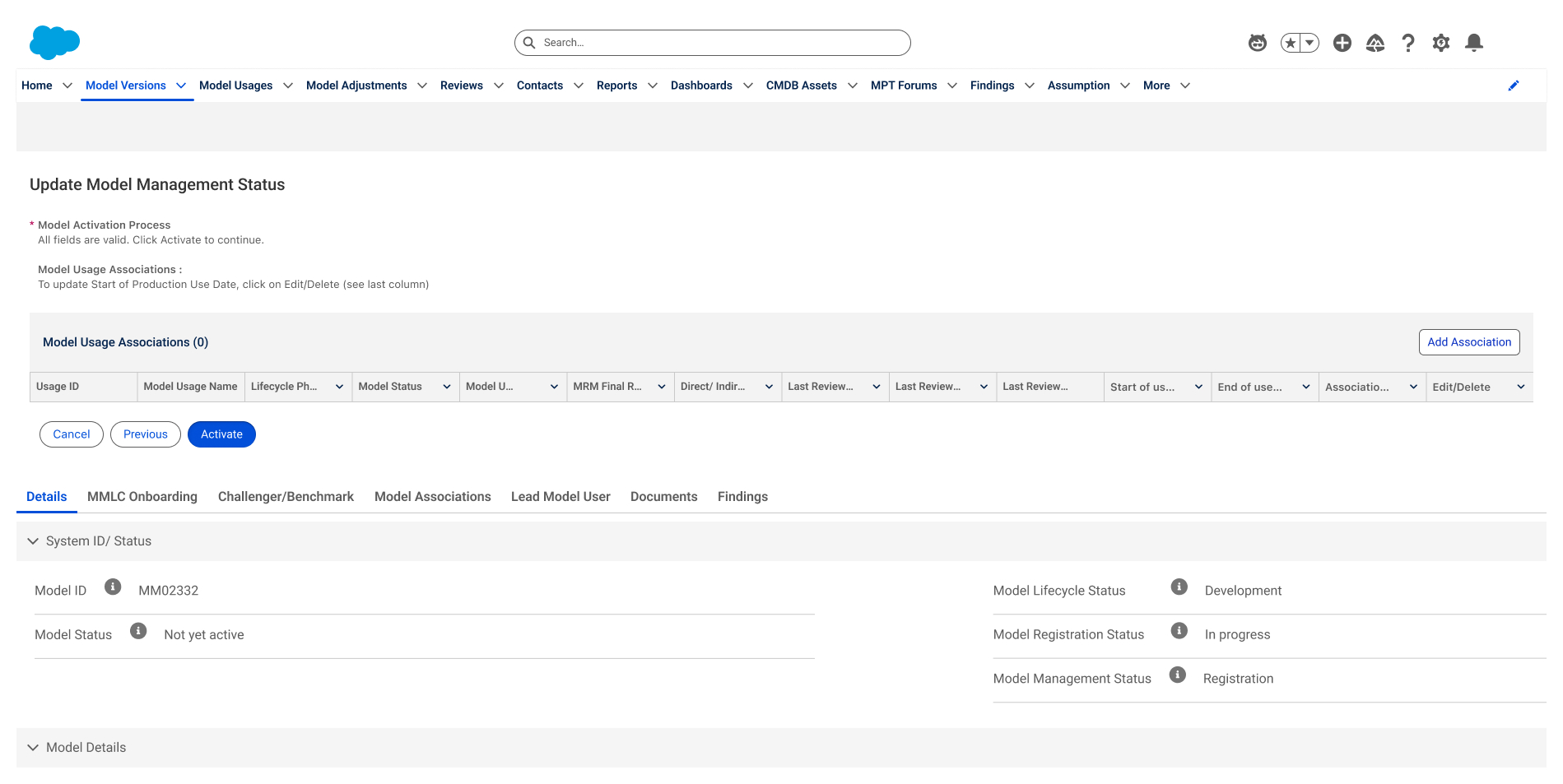 Activation — usage associations review & confirm