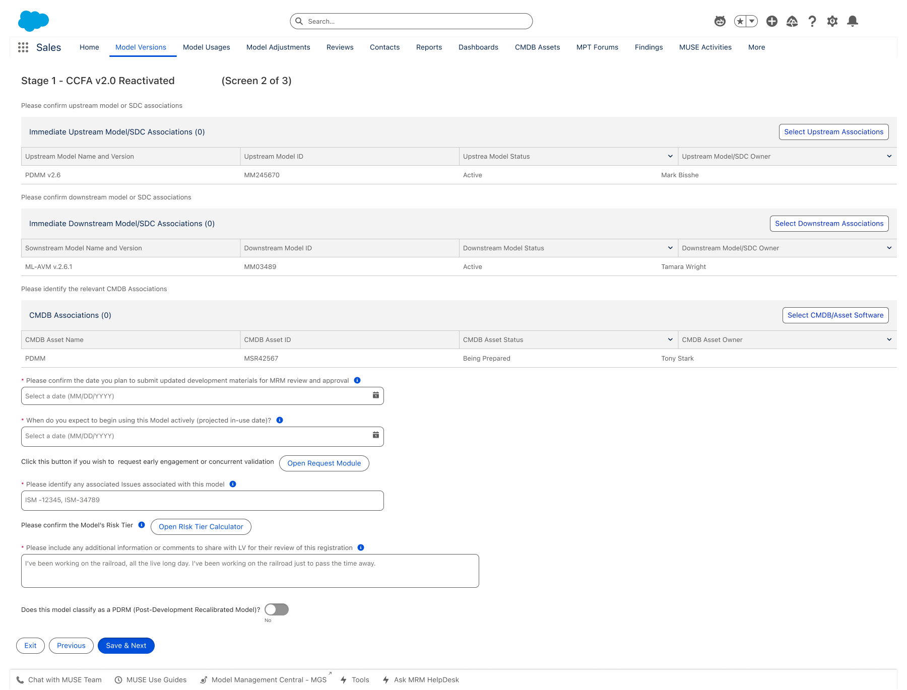 Stage 1 (2 of 3) — associations, CMDB assets, dates, risk tier