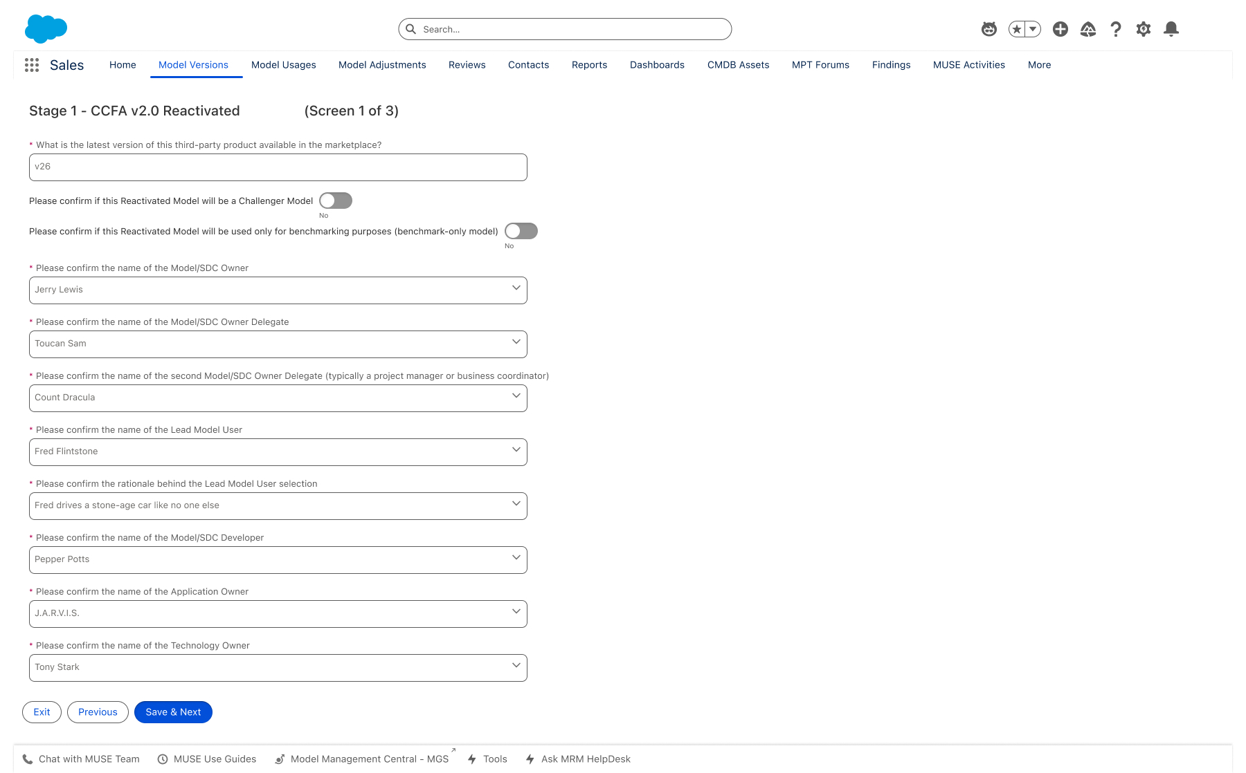 Stage 1 (1 of 3) — owners, delegates, Lead Model User, dev roles