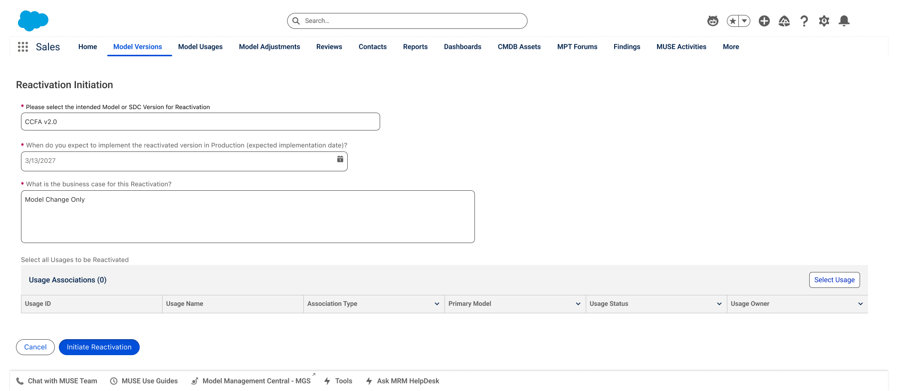 Reactivation Initiation — Model/SDC version, date, business case