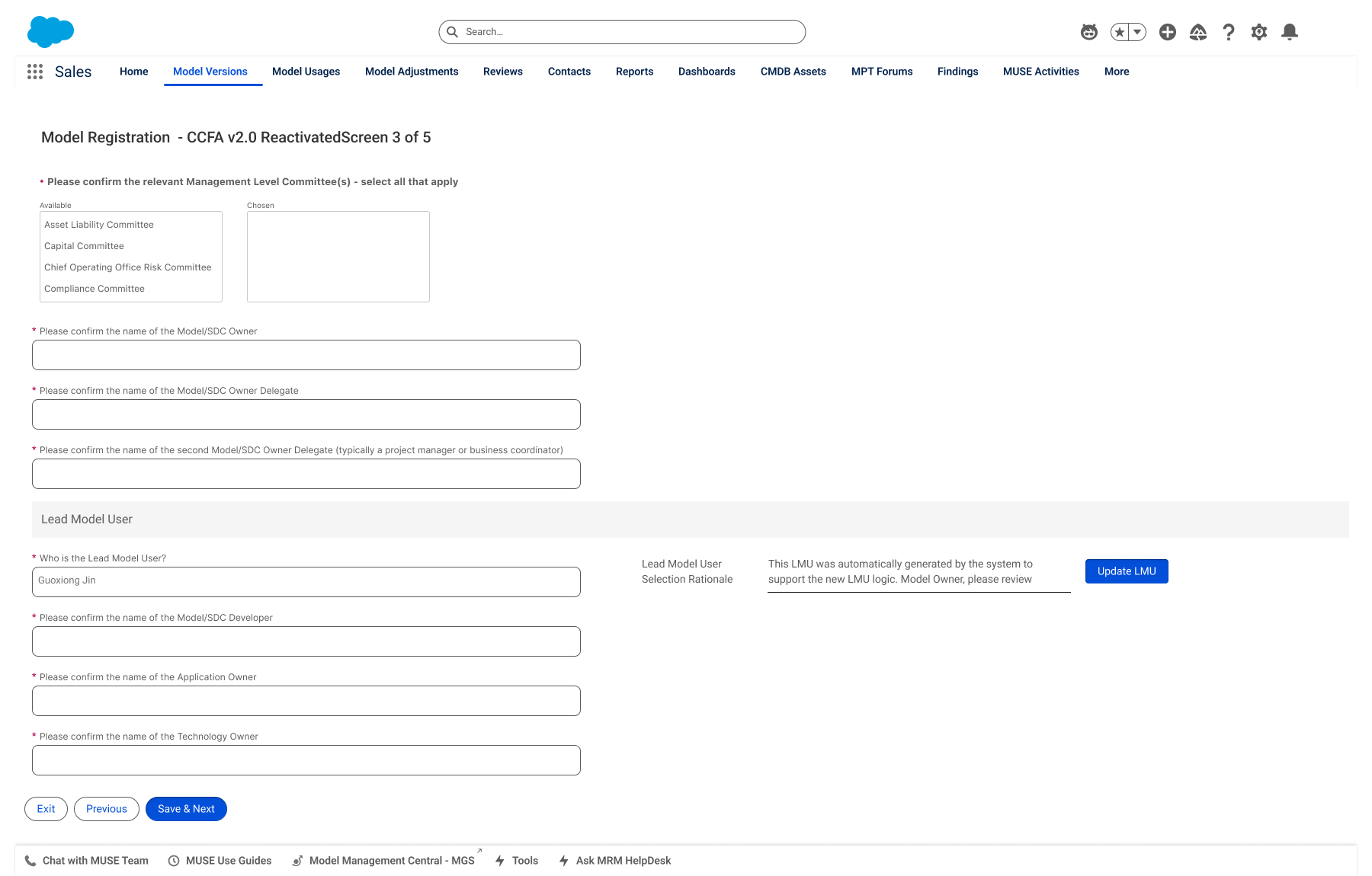 Registration 3 of 5 — committees, owners, delegates & Lead Model User