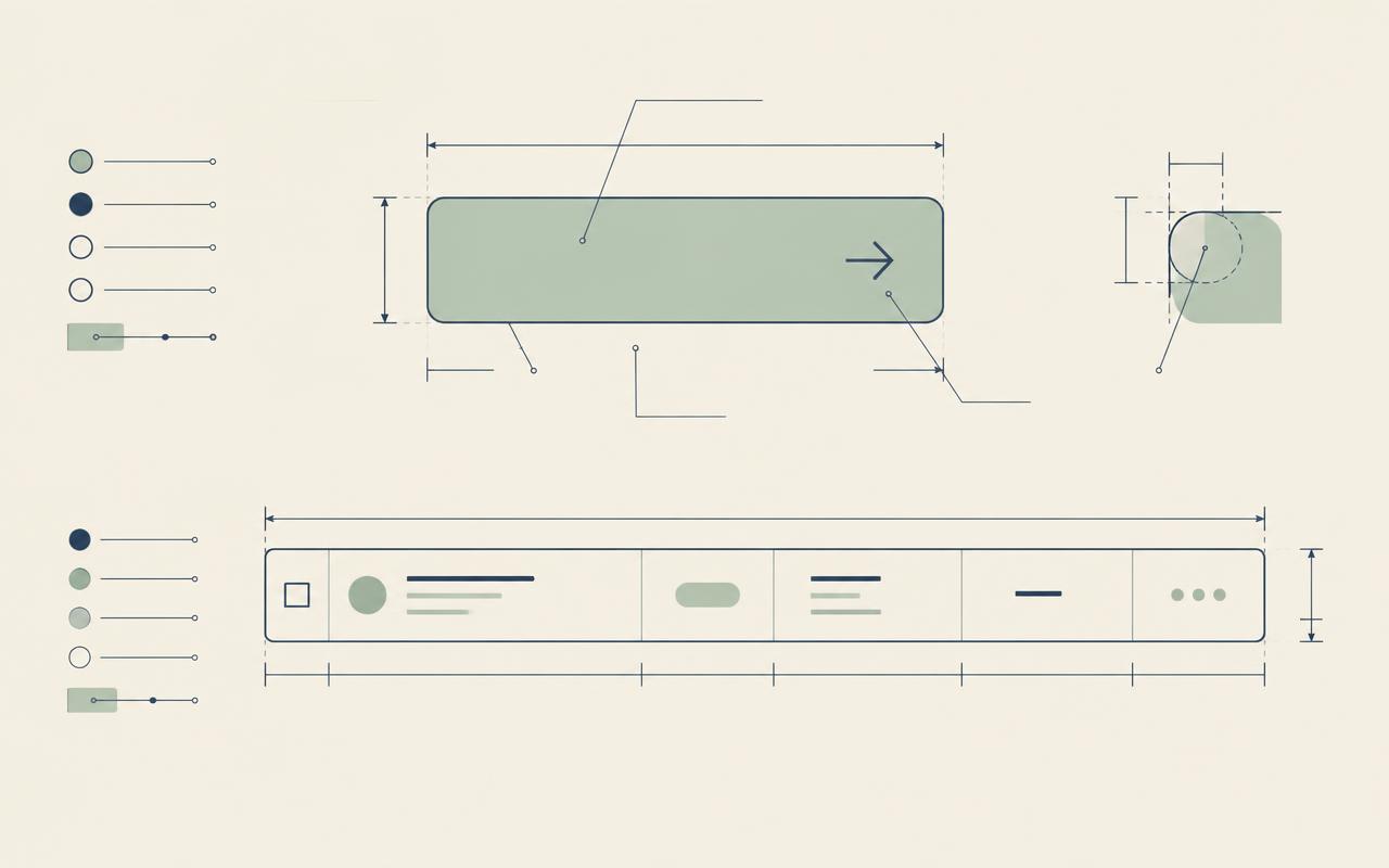 Sanitized line drawing of a button and data-table row with spacing, radius and token annotations