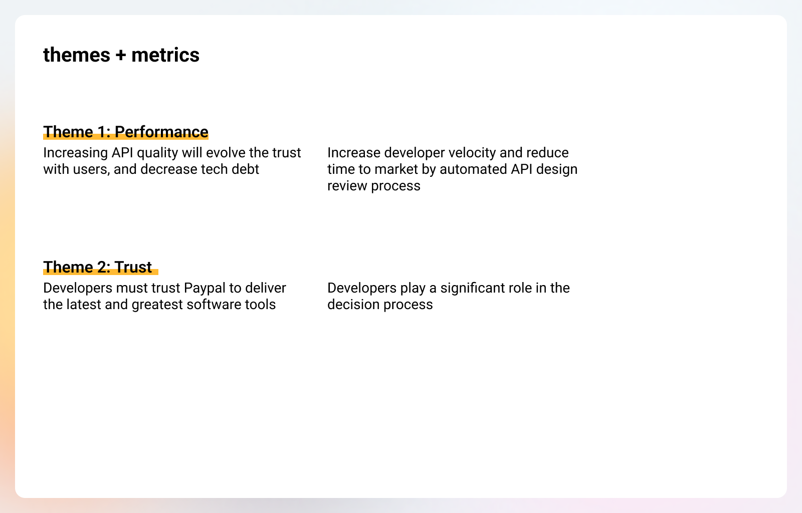 Two research themes: API quality and velocity, developers as decision-makers